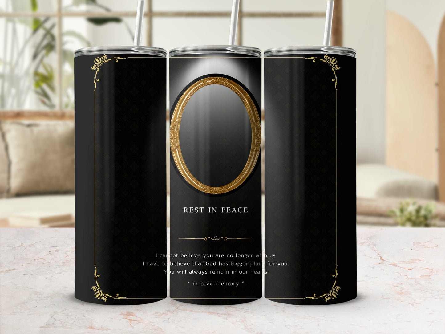 Three tumblers with a black design, gold ornate borders, and memorial text.
