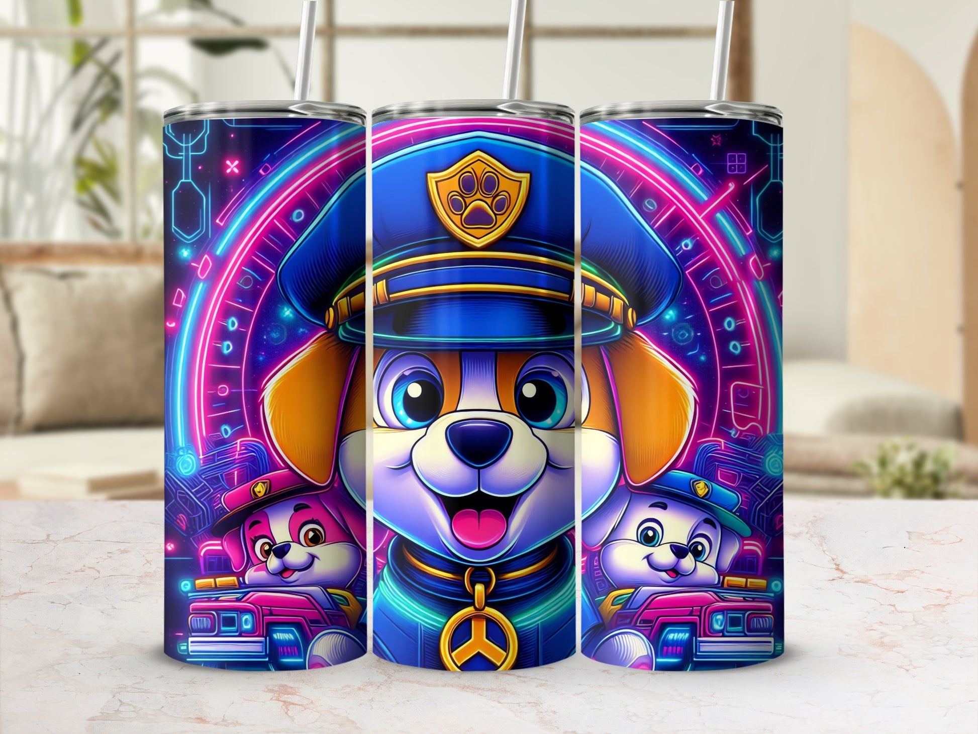 Vibrant Neon Police Dog Kids Tumbler with Straw Cup