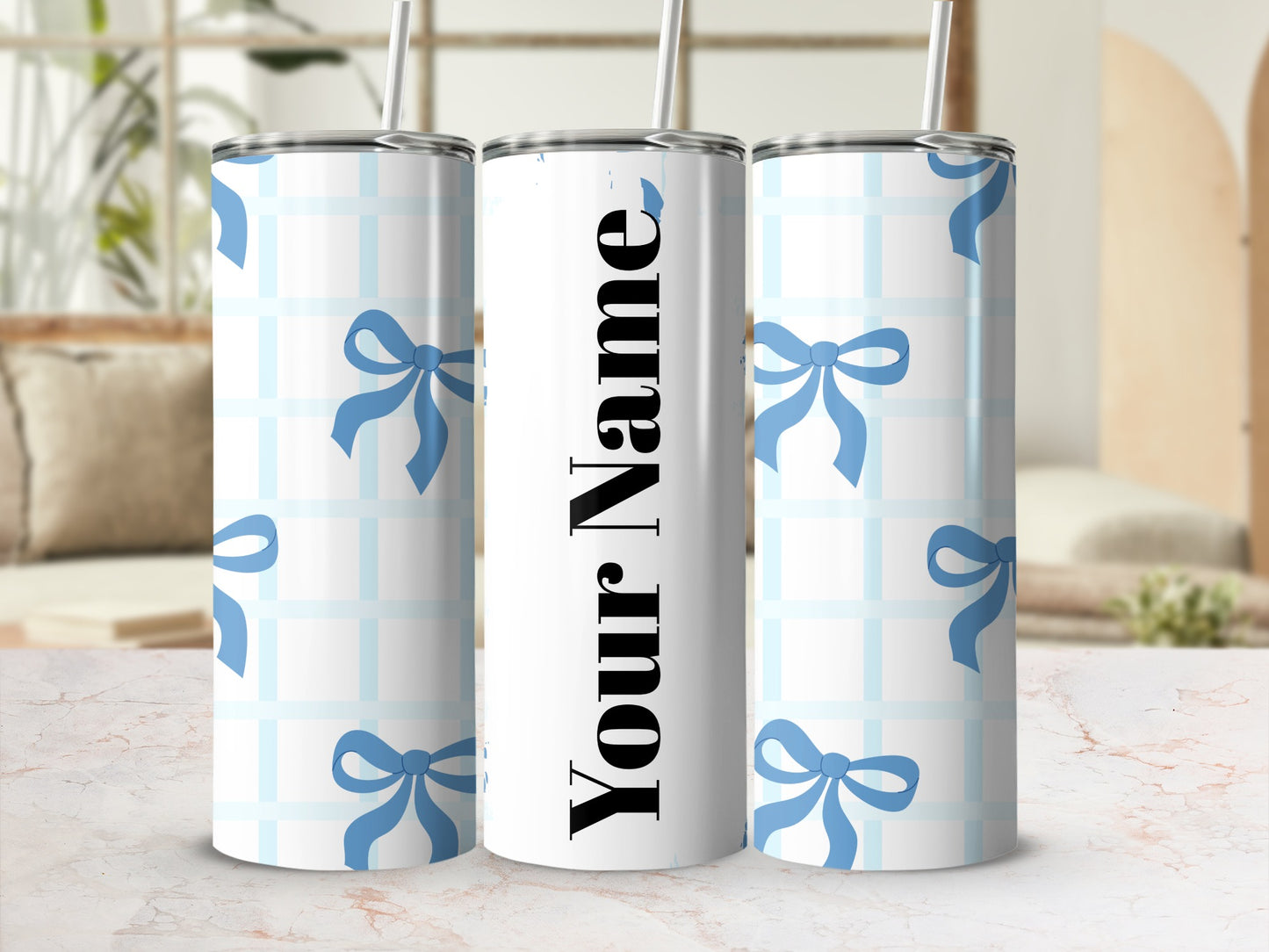 Personalized Blue Bow Design Tumbler with Straw