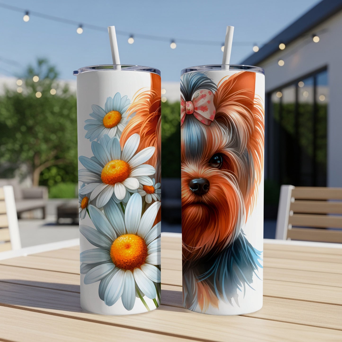 Two stainless steel tumblers featuring a Yorkshire Terrier and daisies.