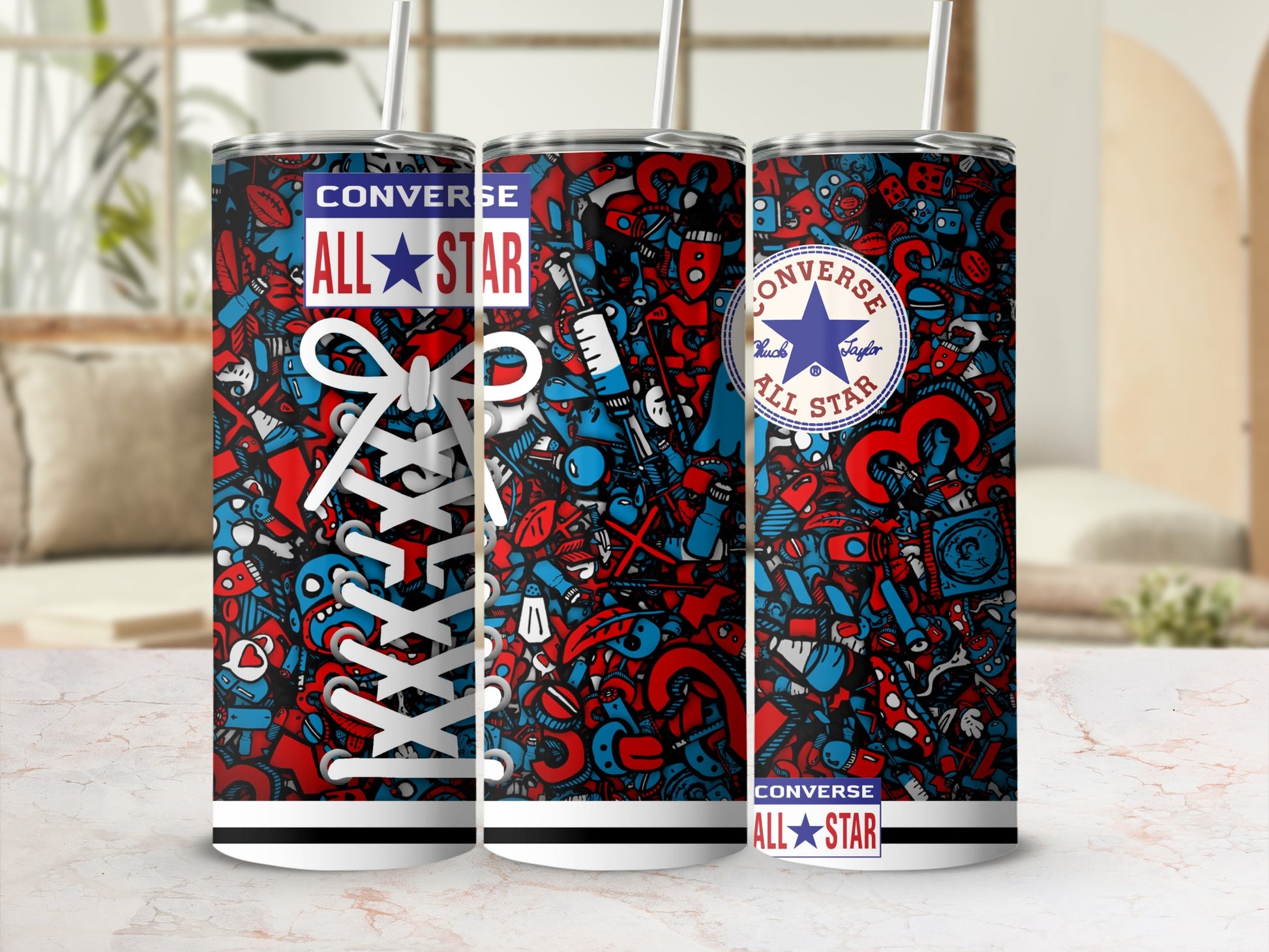Converse All Star Red Blue Doodles Tumbler product type