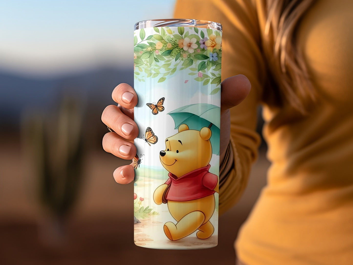 Winnie With Umbrella And Butterflies Floral Background Tumblers