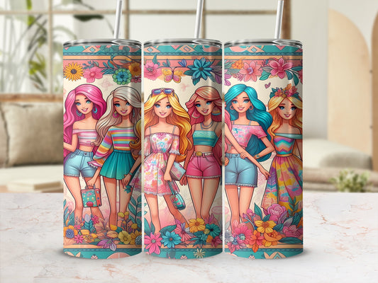 Four Barbie-like figures with flowers and colorful patterns on tumblers.