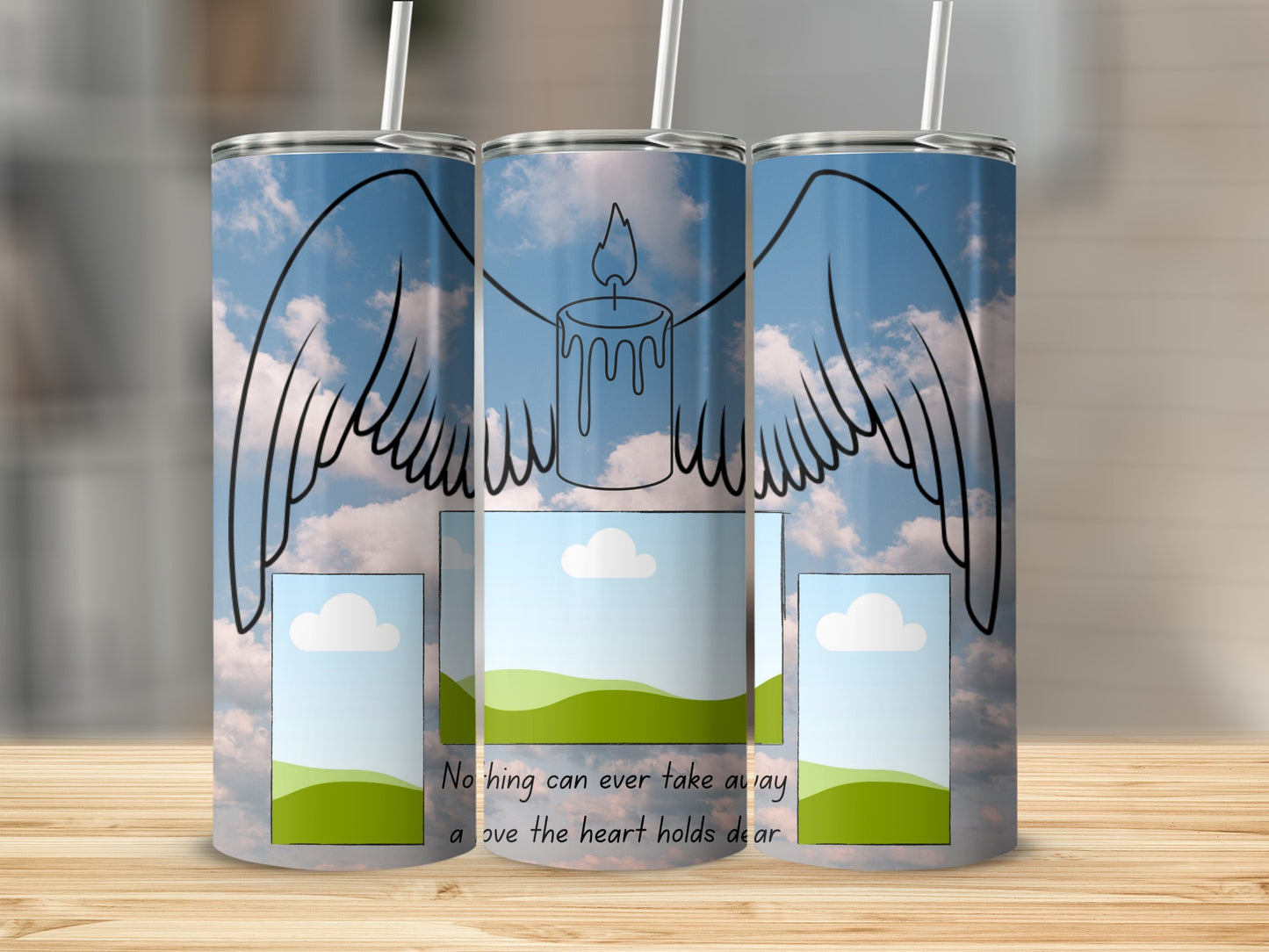 Three tumblers with angelic wings, a candle, and text reading "Nothing can ever take away a love the heart holds dear."