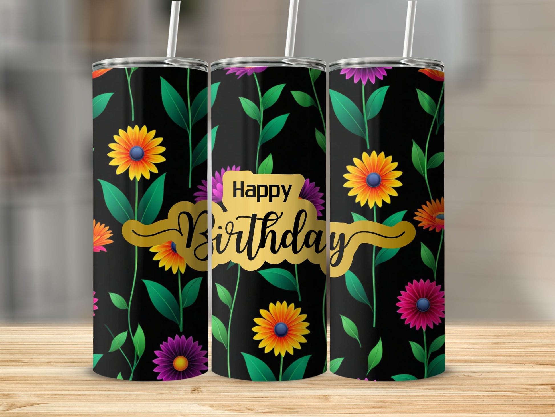 Black tumbler with colorful flowers and "Happy Birthday" text.