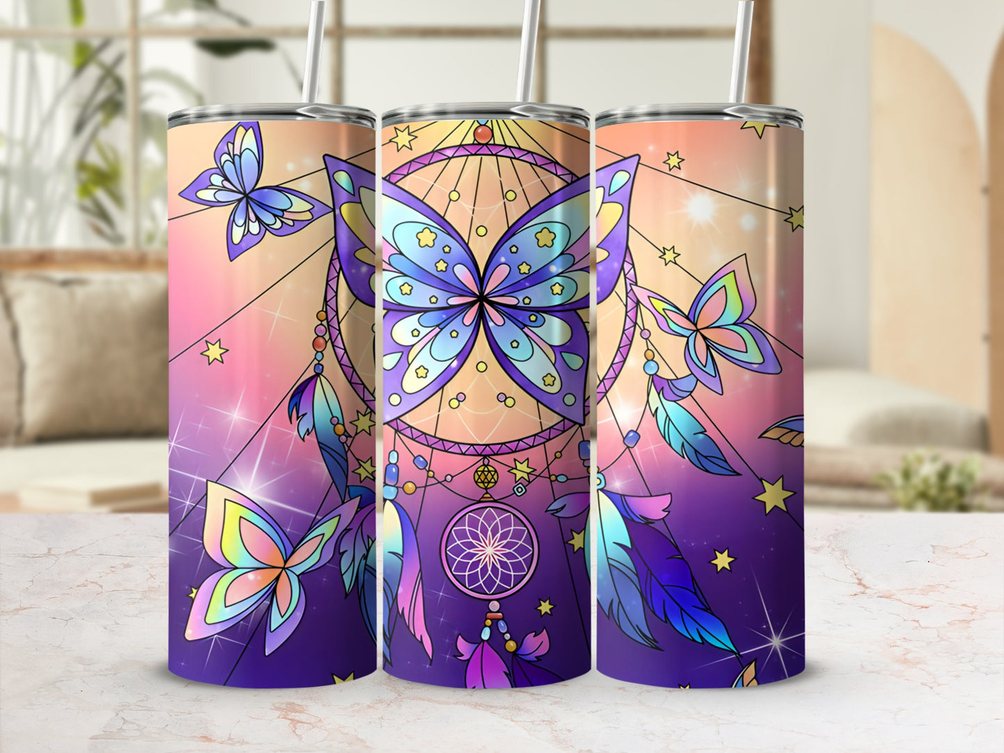Dreamcatcher tumbler with colorful butterflies and starry night sky design.