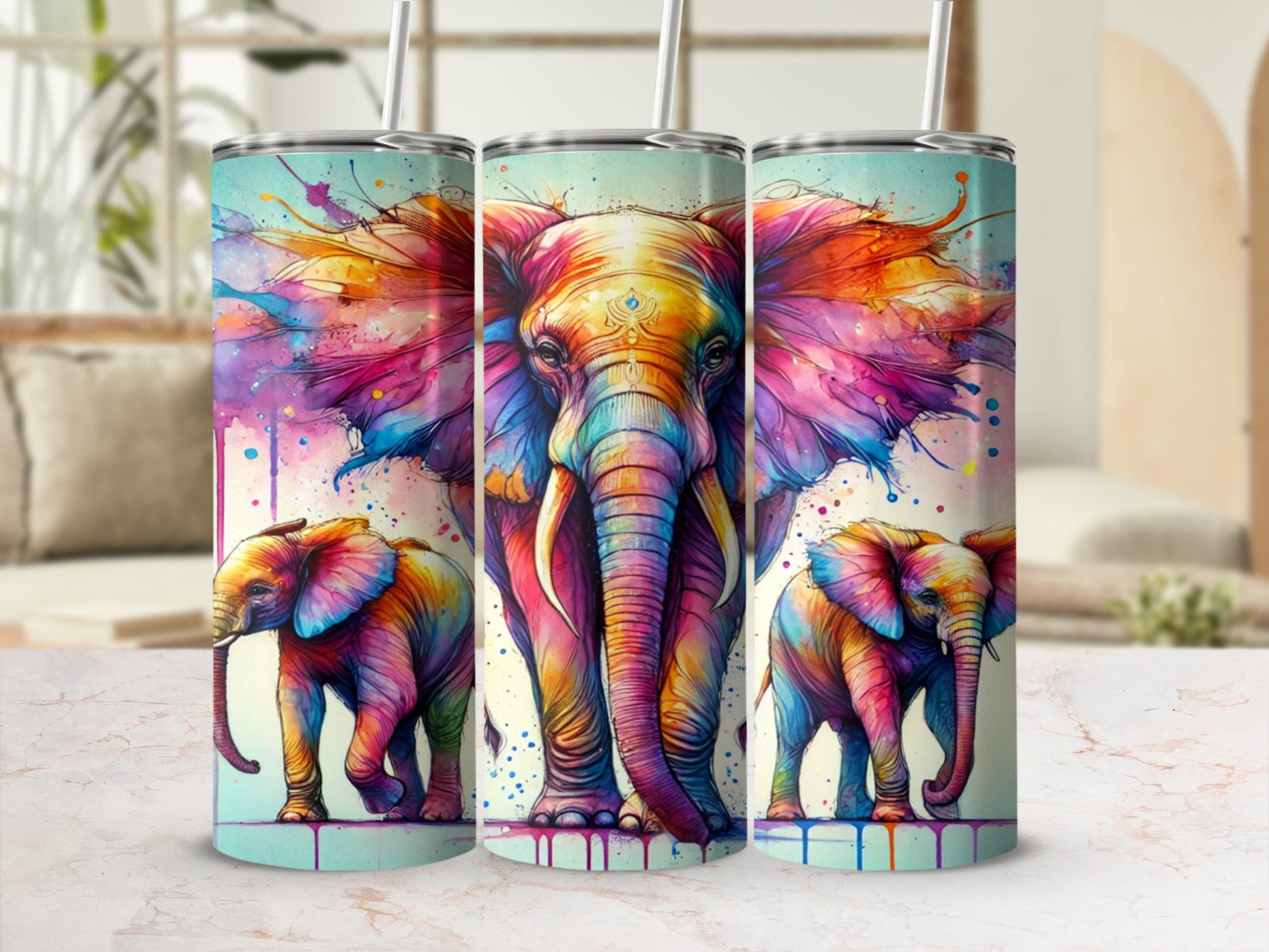 Colorful Elephant Design Insulated Tumbler Cup