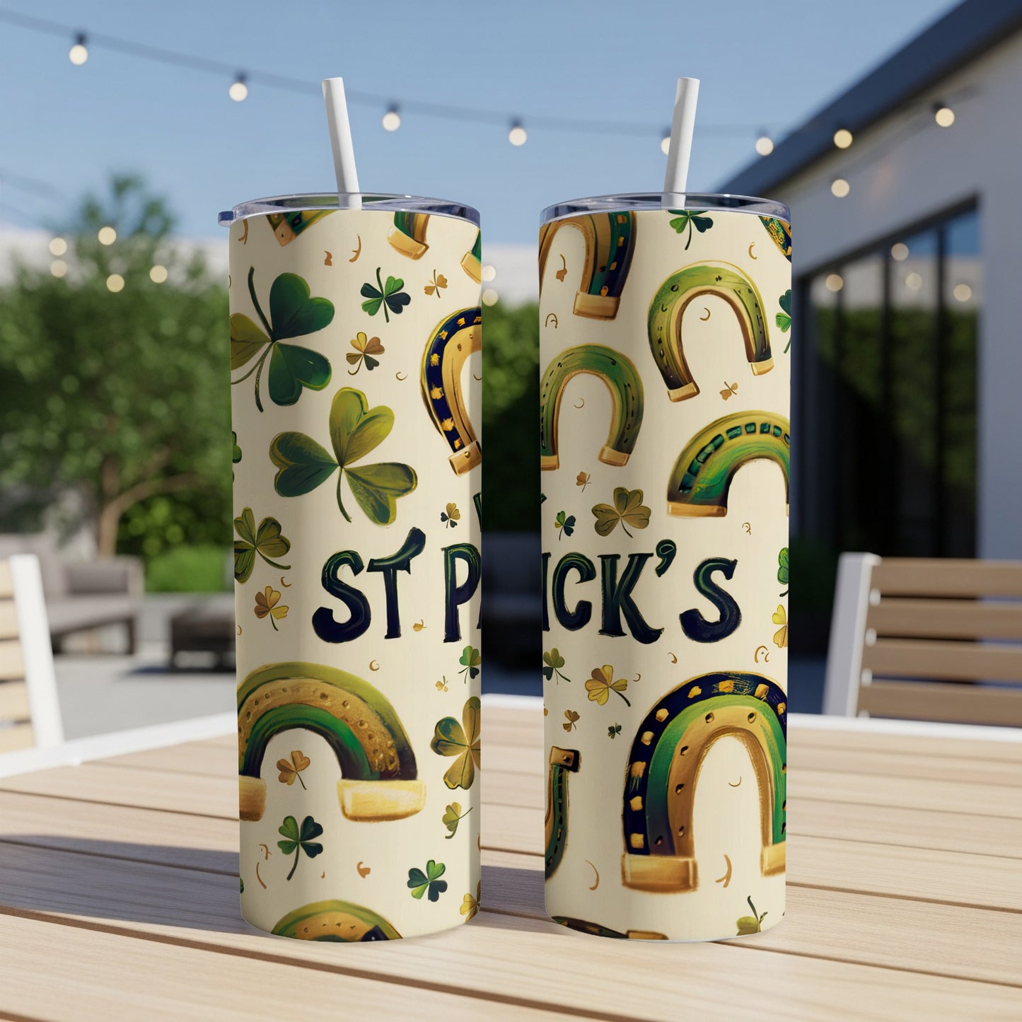 Two St. Patrick's Day themed tumblers with shamrocks and horseshoes.