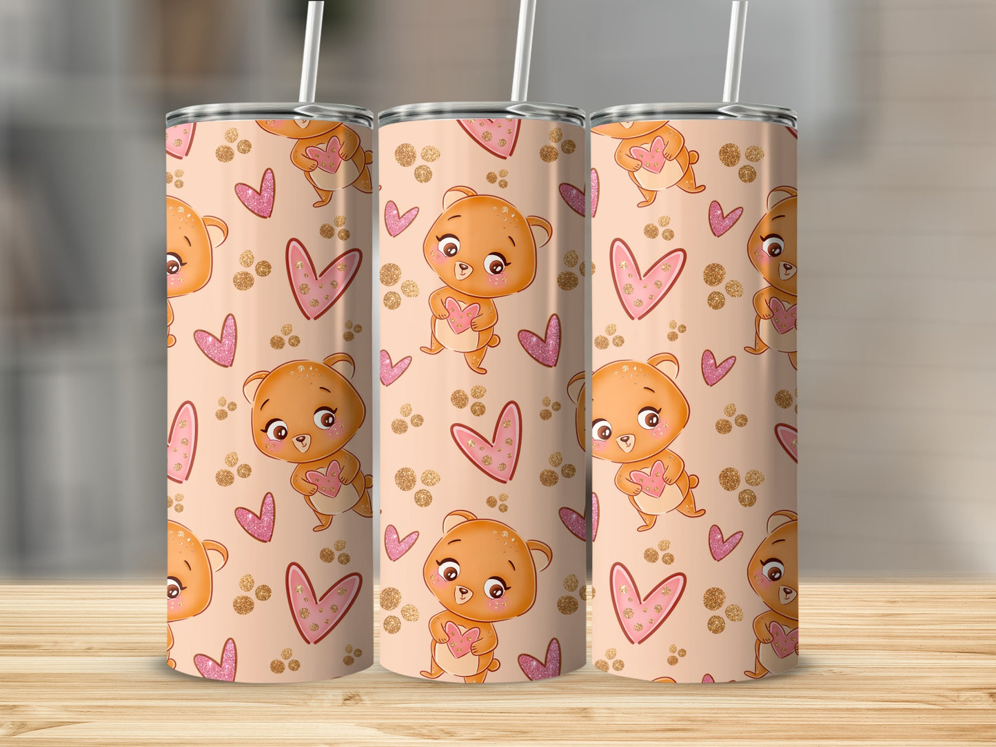 Cute Bear and Heart Design Tumbler for Kids and Adults