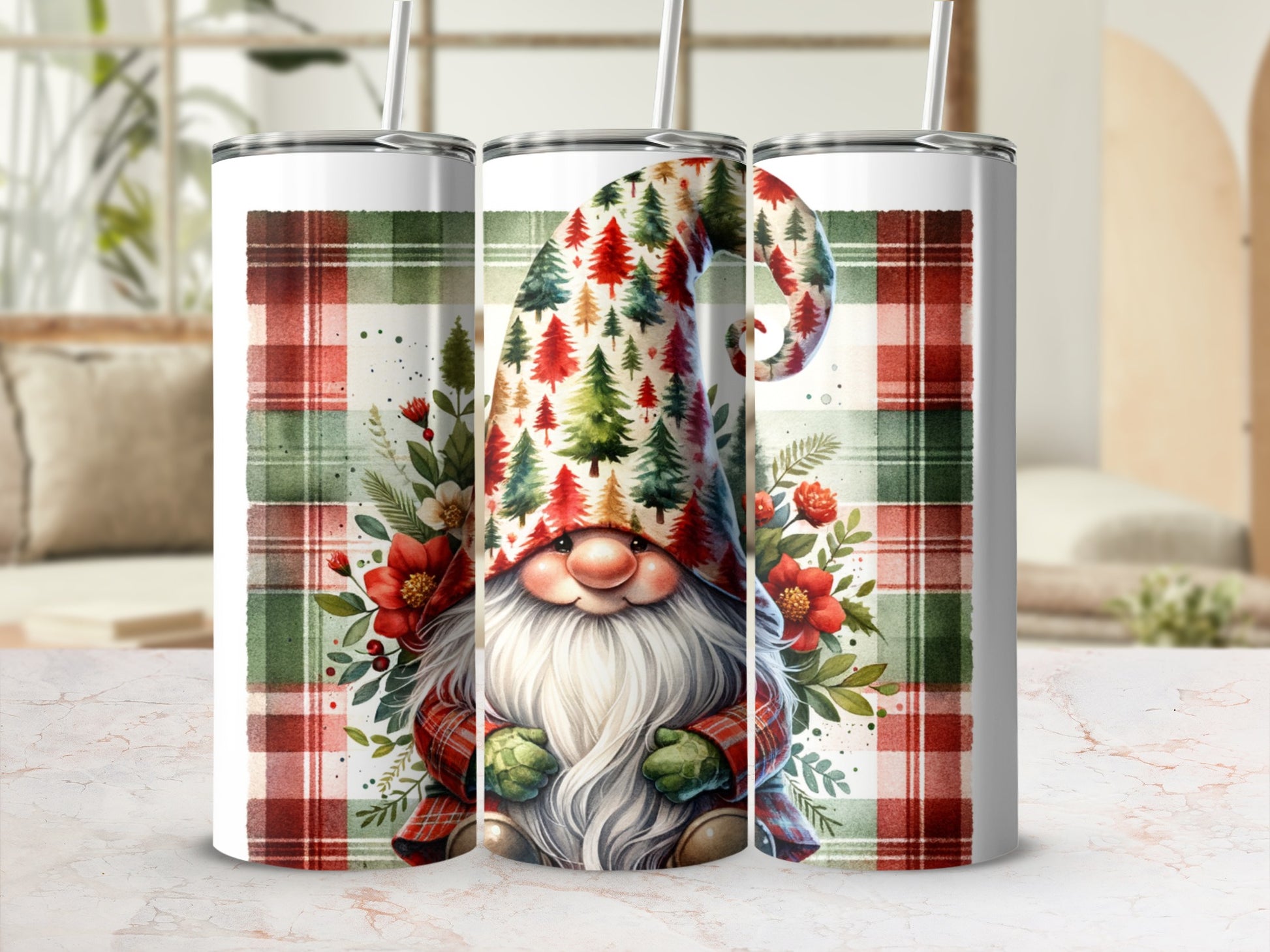 Christmas gnome with red and green plaid, surrounded by pine trees and flowers.