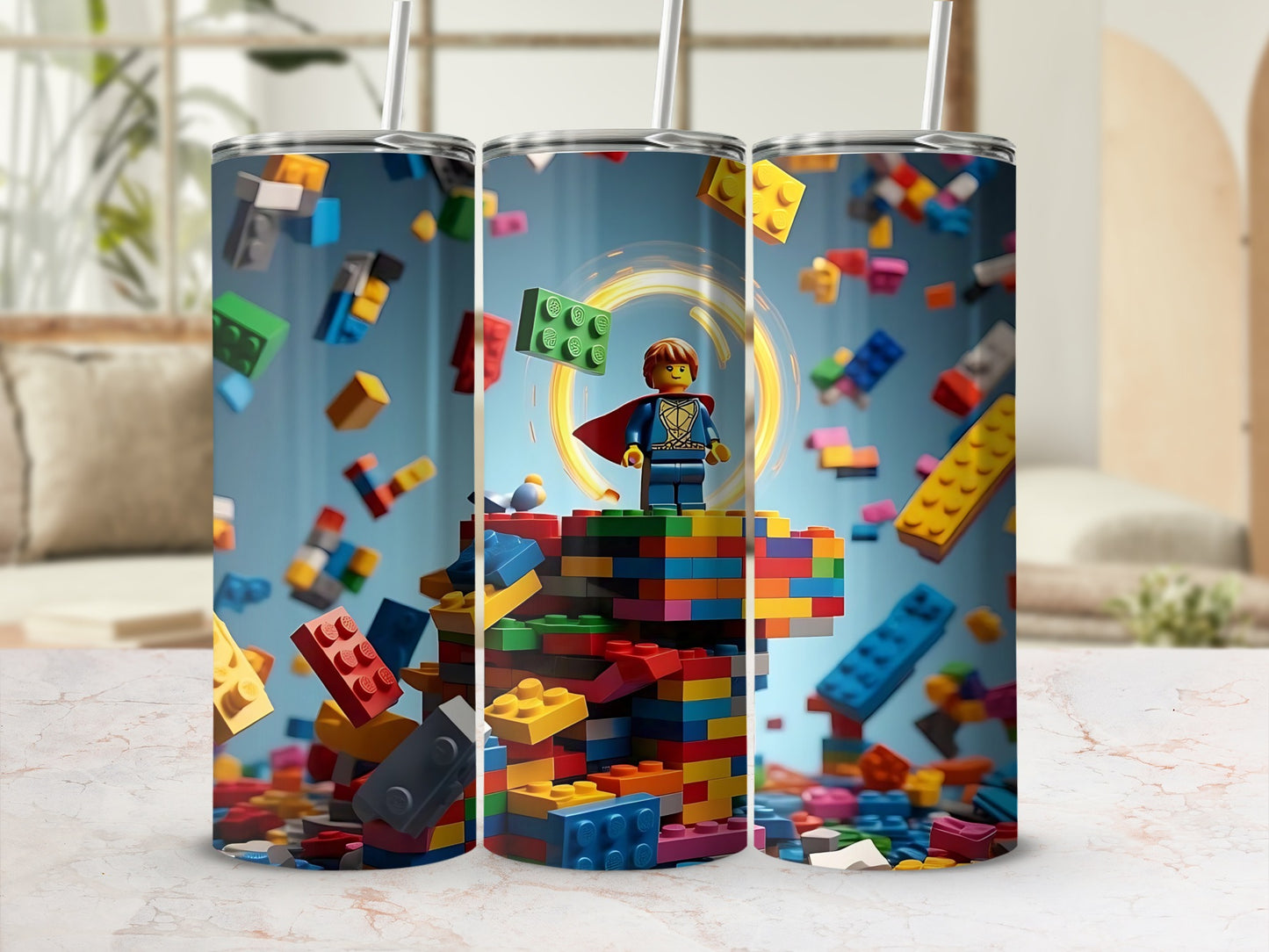 Colorful Building Blocks and Superhero Tumbler