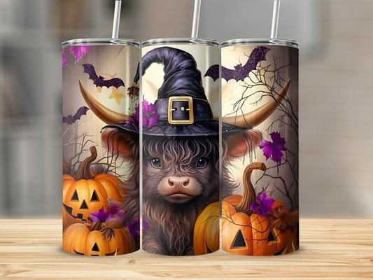 Highland Cow Witch Halloween Scene Tumbler Flask