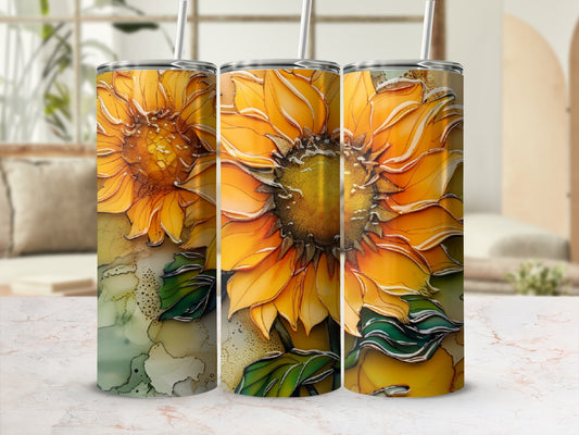 Three tumblers with a vibrant, textured sunflower design.