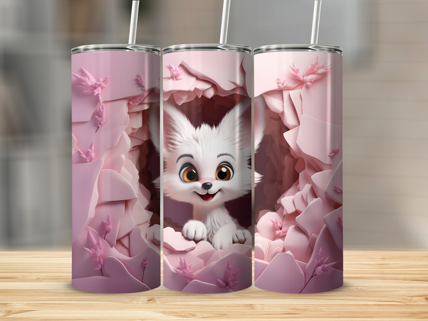 Cute Furry White Fox with Pink Petals Tumbler Design