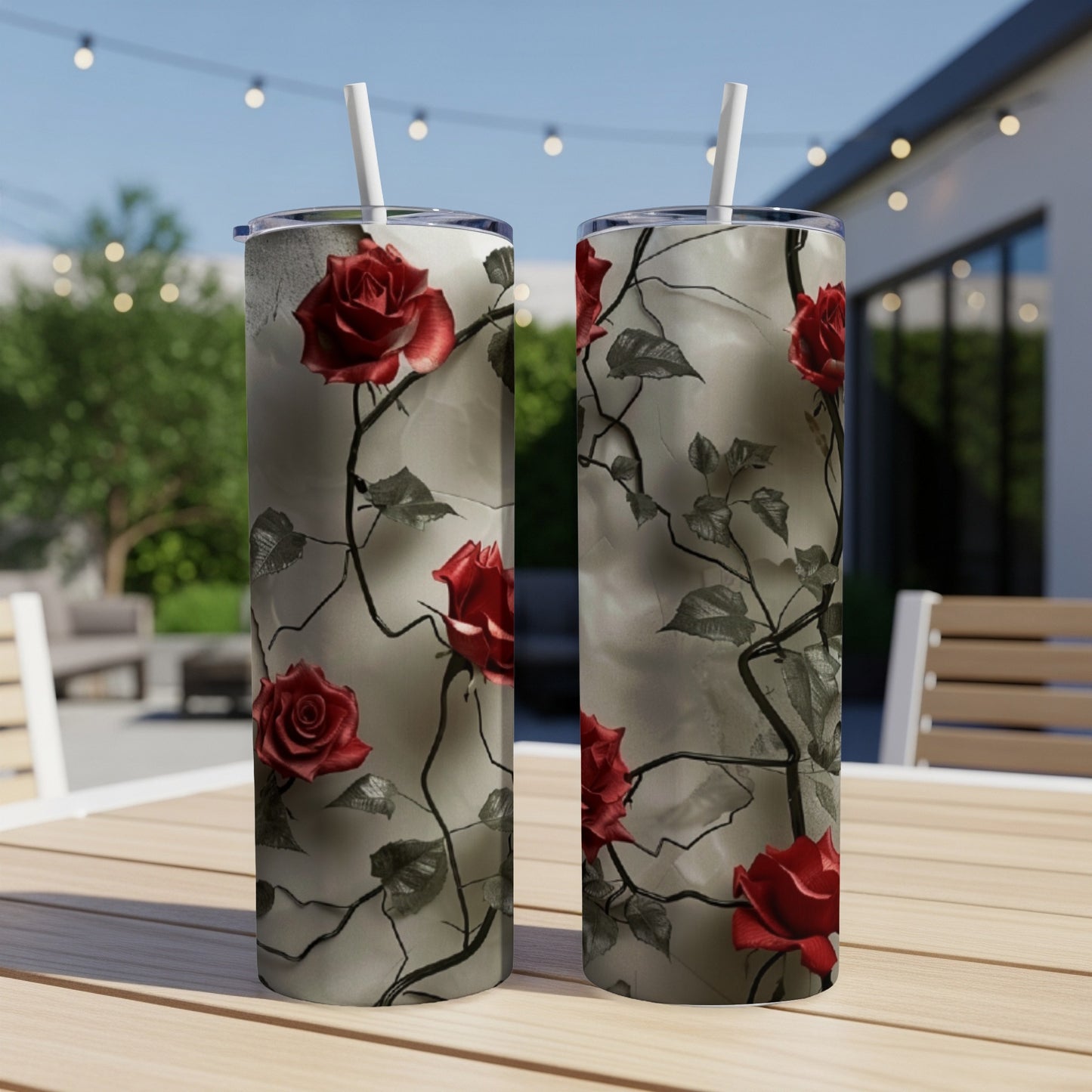 Two tumblers with red roses and grey vines pattern.