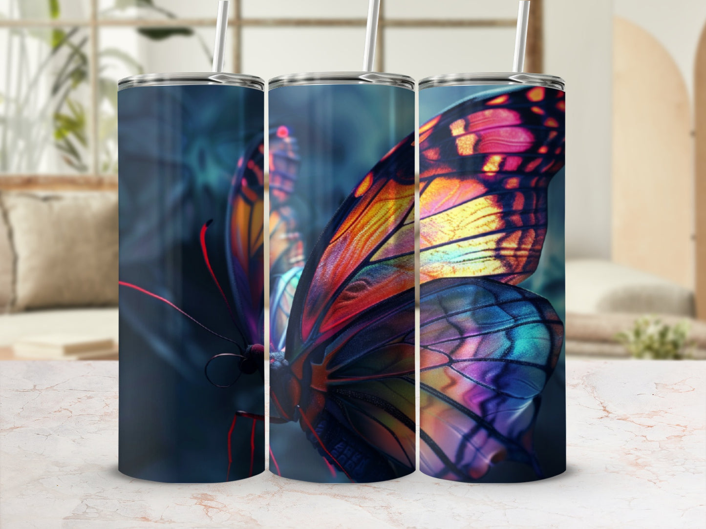 Close-up of a vibrant butterfly with colorful wings on a stainless steel tumbler.