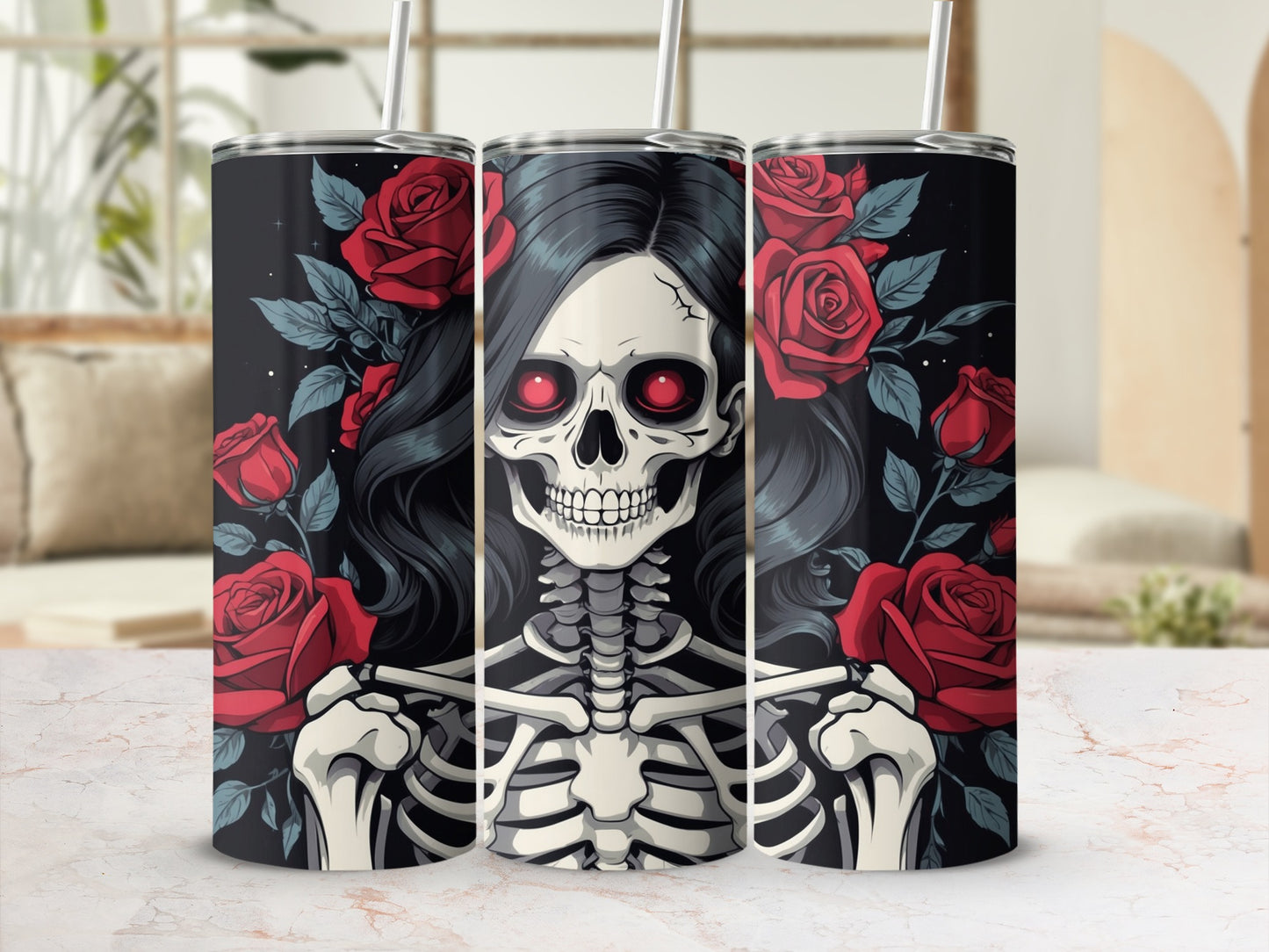Skeleton woman with red roses on a black background.