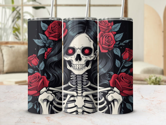 Skeleton woman with red roses on a black background.
