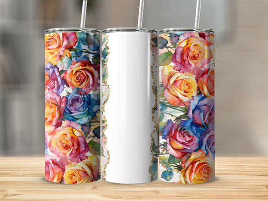 Three tumblers with a torn paper edge revealing floral rose patterns.