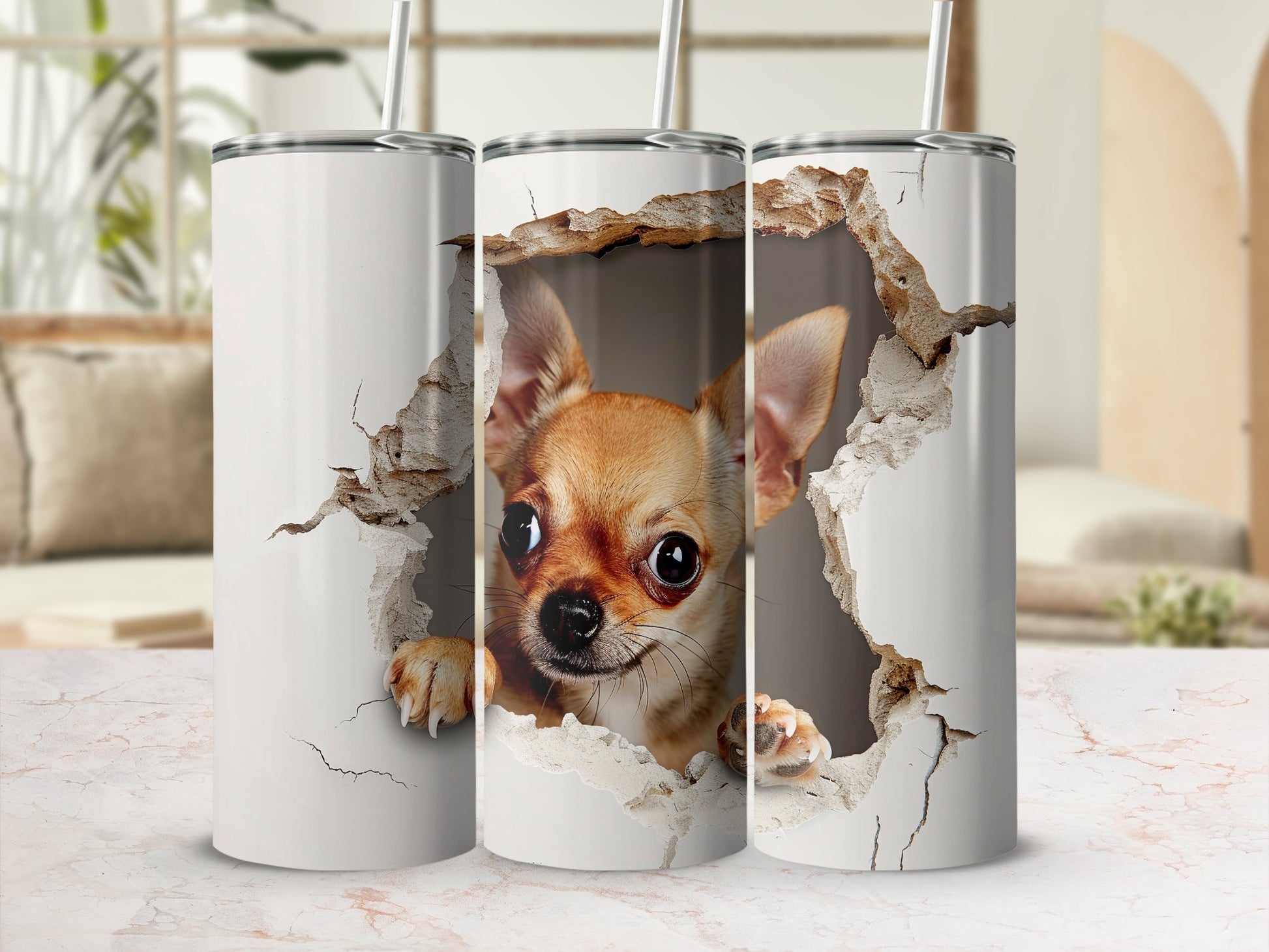 Sweet little Chihuahua puppy peeking cracked wall art tumbler product type