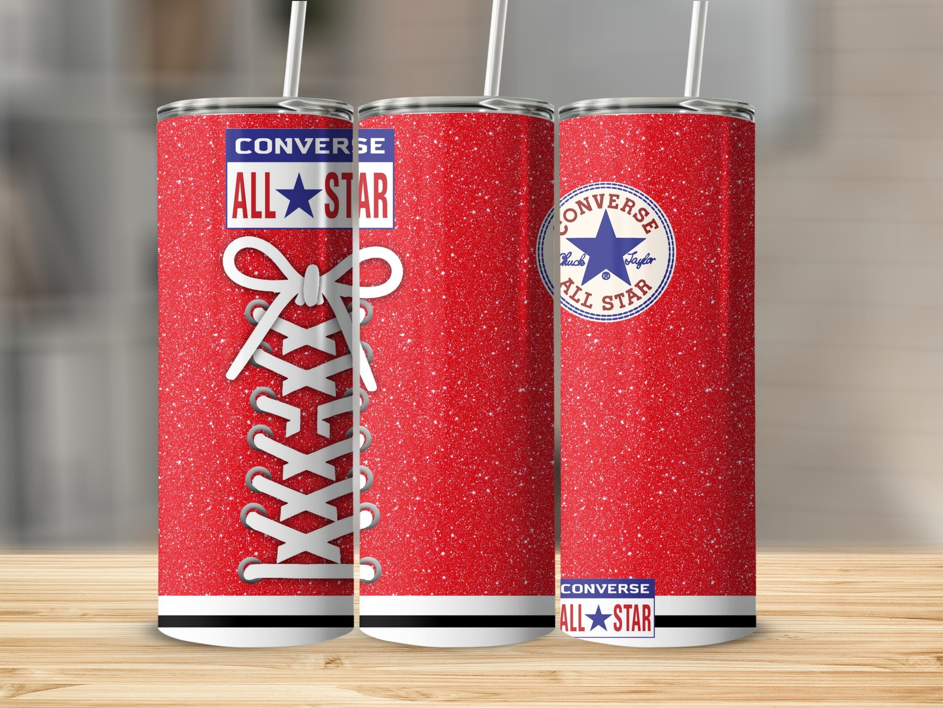 Red Converse All-Star tumbler with white laces and glitter.