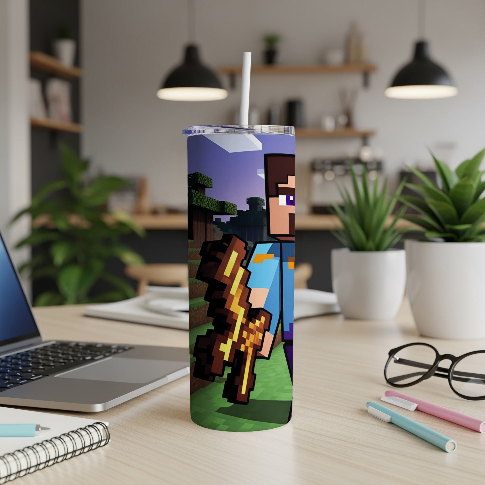 Pixelated Minecraft character holding a golden sword, on a tumbler.