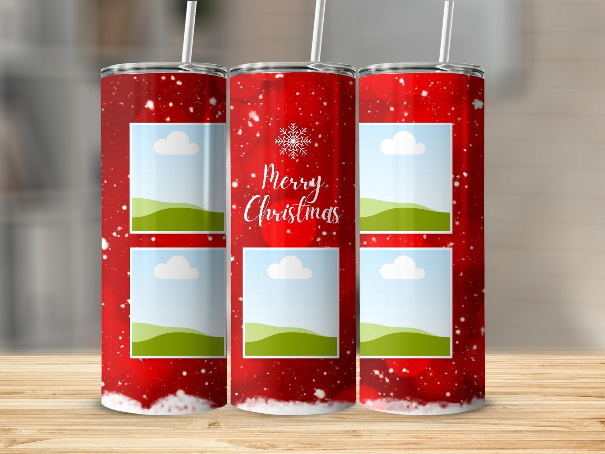 Three red tumblers with white snow and two photo frames each.