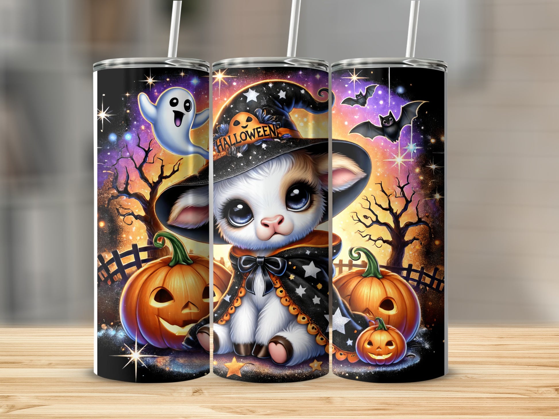 Cute Halloween kitten with witch hat, pumpkins, ghost, and bats.