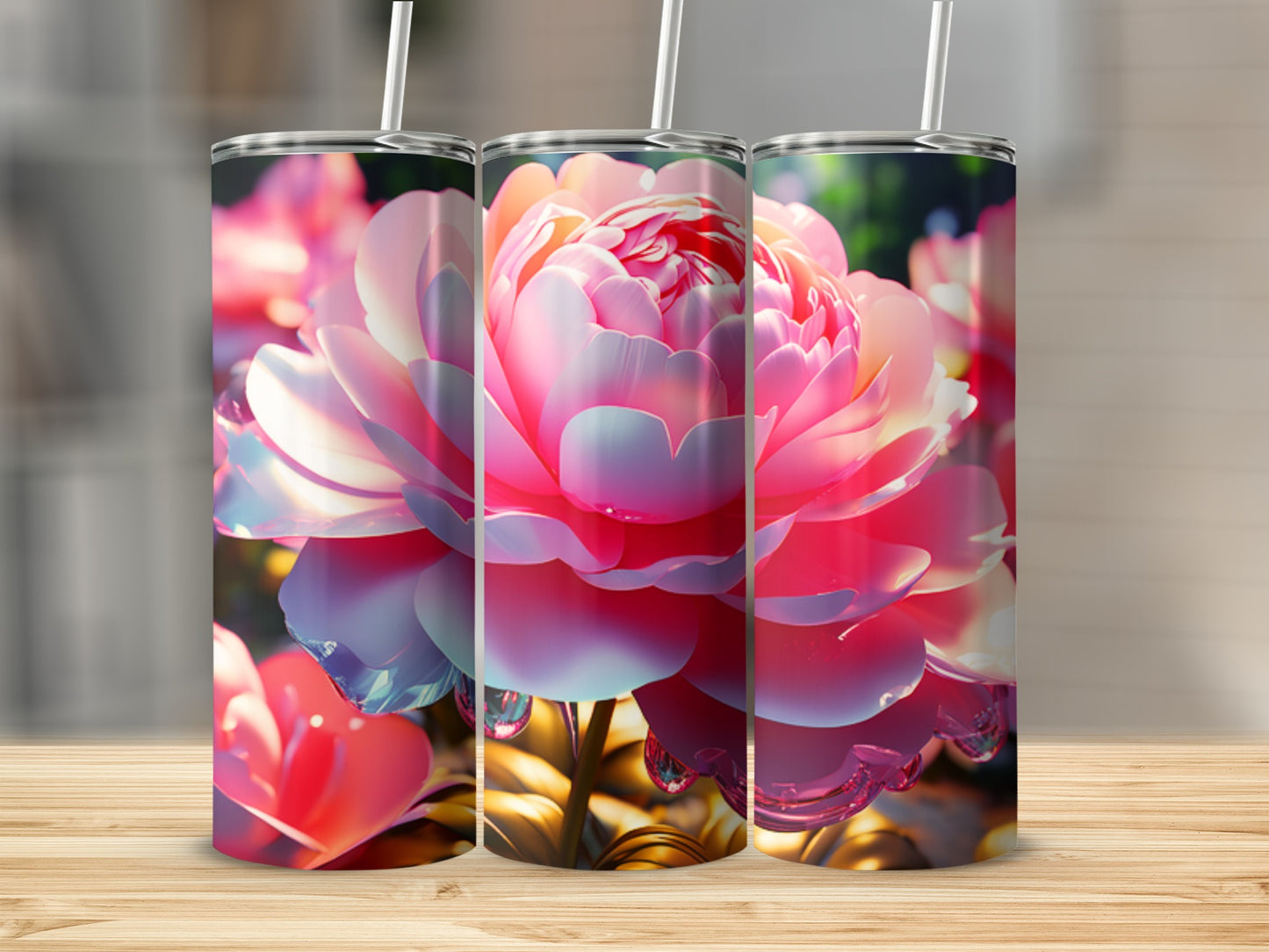 Three tumblers with pink peony flower art and straw.