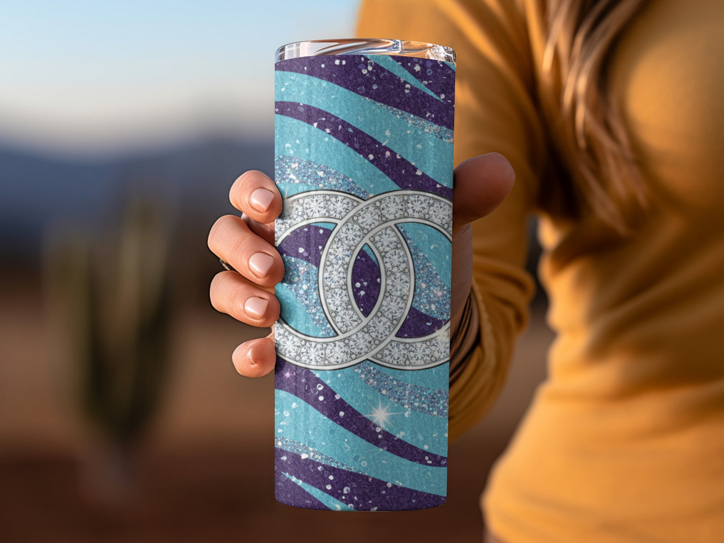 Diamond Logo over Aqua Purple Waves Sparkle Design Tumbler