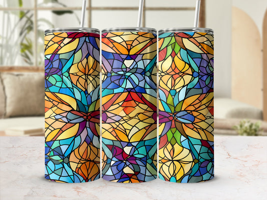 Three tumblers with stained glass floral pattern.