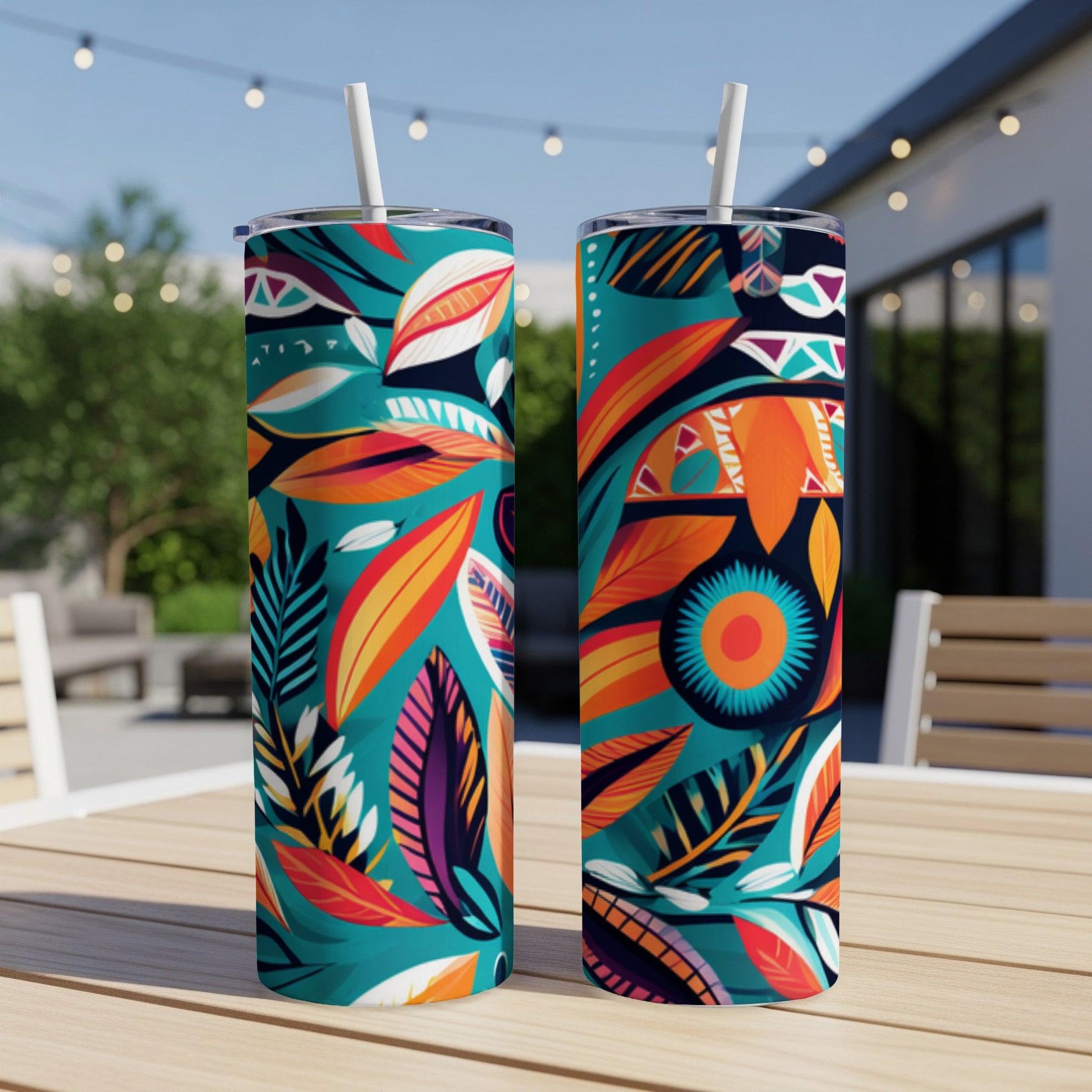 Two tall tumblers with vibrant, tropical leaf and geometric patterns.
