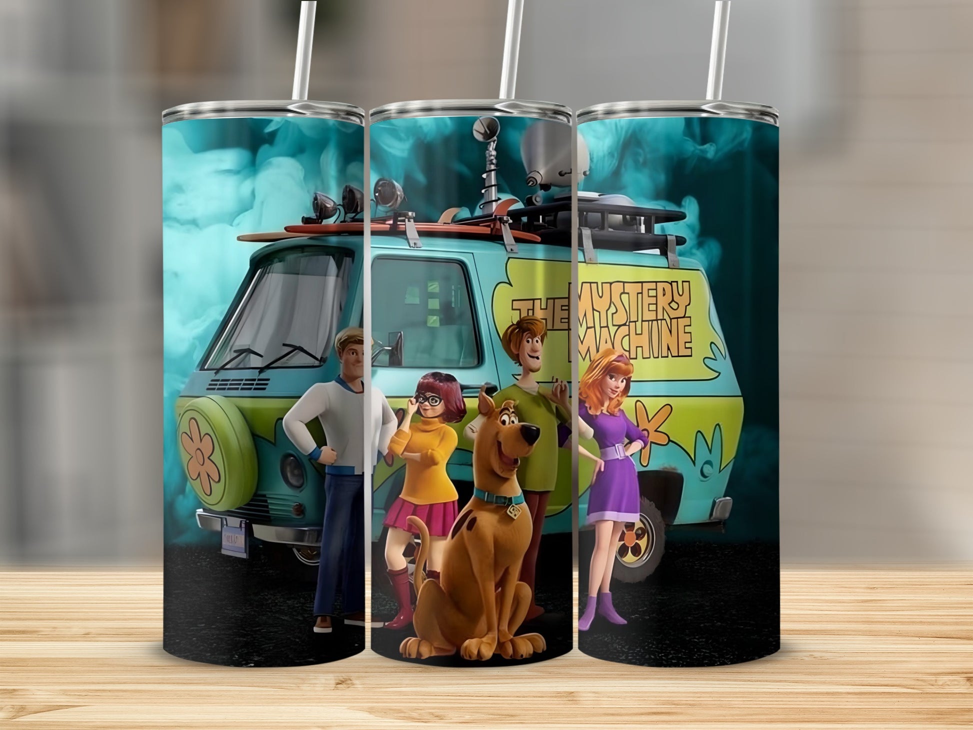 Scooby-Doo characters in front of the Mystery Machine, cartoon style.