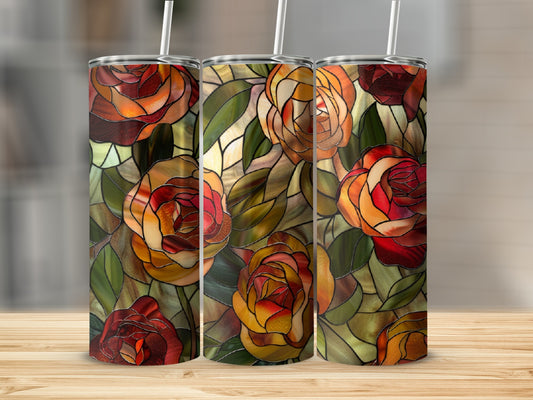 Three tumblers with a stained glass rose pattern in warm reds and oranges.