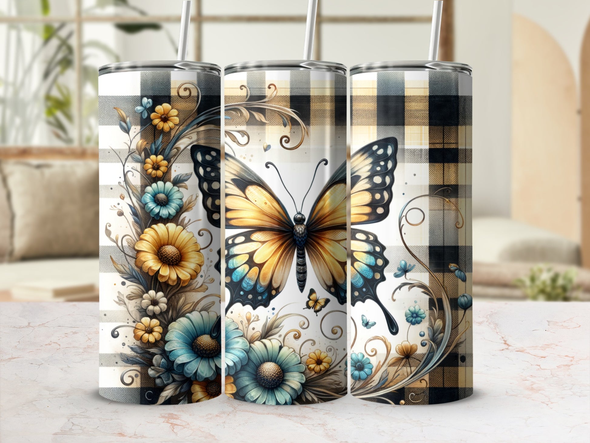 Three tumblers with a butterfly and floral design on a checkered background.