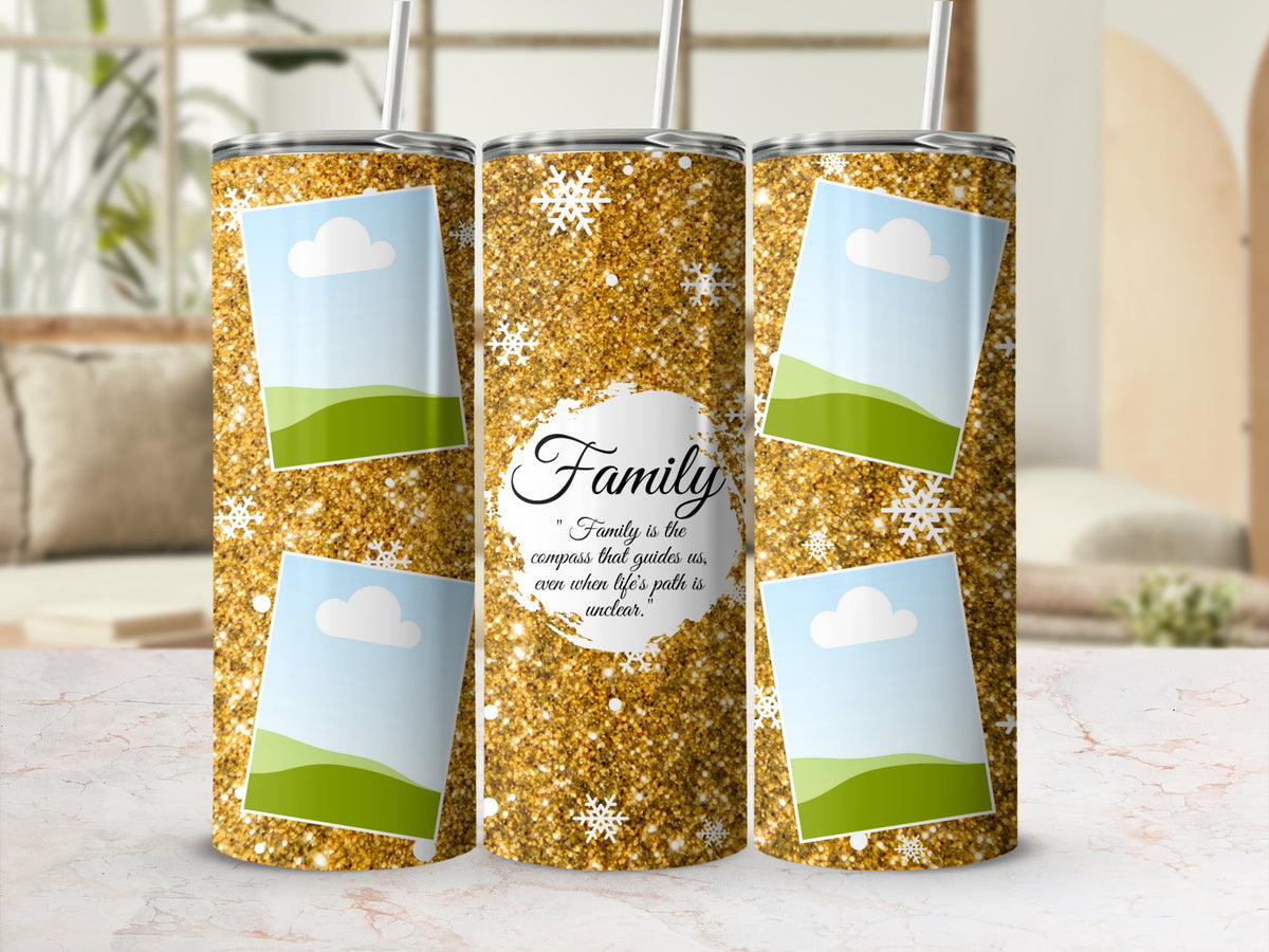 Gold glitter tumbler with snowflakes, photos, and "Family" quote.