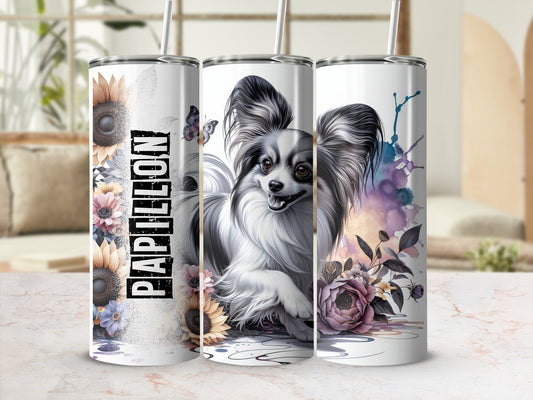 Tumbler with Papillon dog and sunflowers, "Papillon" text.
