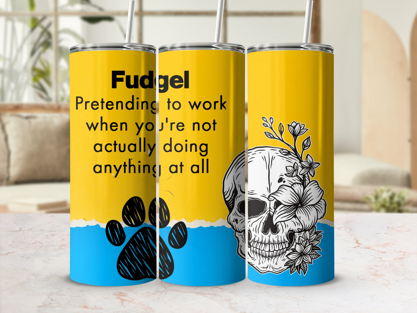 Fudgel Pretending to Work Yellow and Blue Tumbler