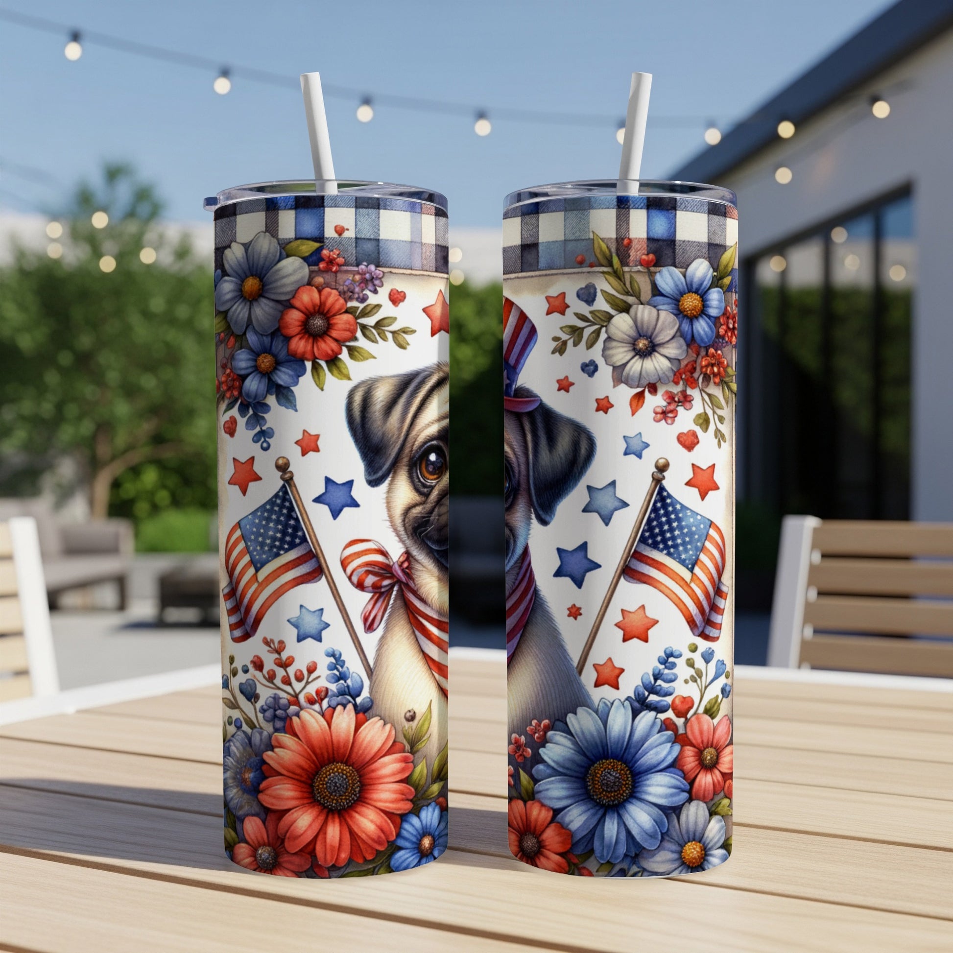 Pug wearing patriotic bandana on a tumbler with flowers and flags.