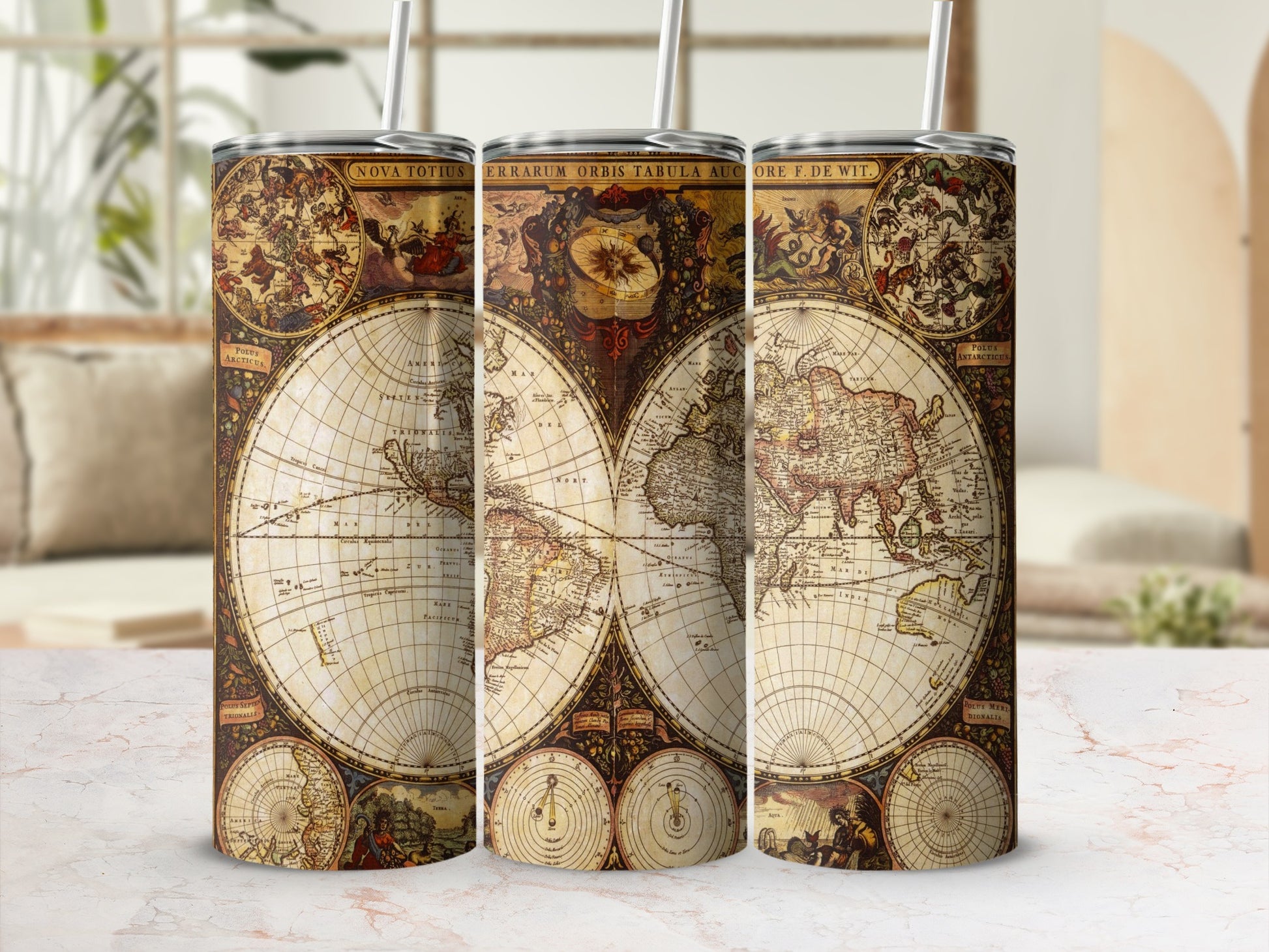 Three tumblers display an antique world map with celestial imagery and Latin text.