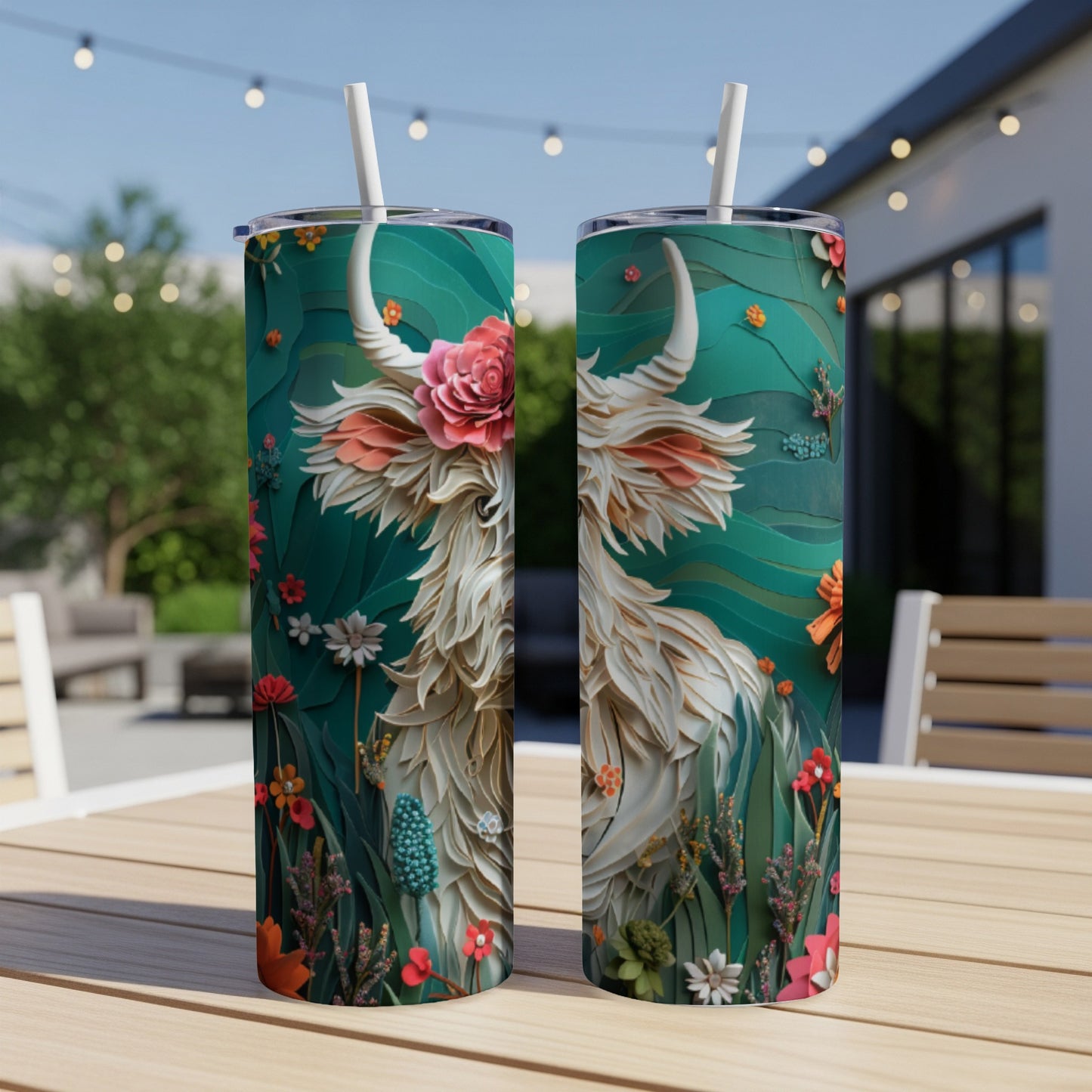 Two tumblers featuring a fluffy highland cow with floral accents on a table.