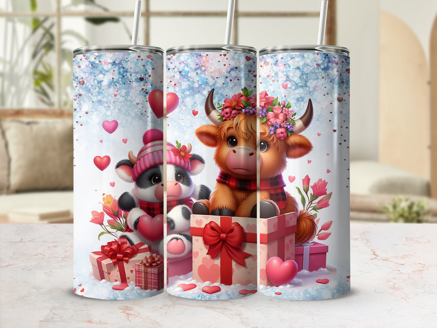 Cute Valentine Cow and Calf with Flowers Tumbler