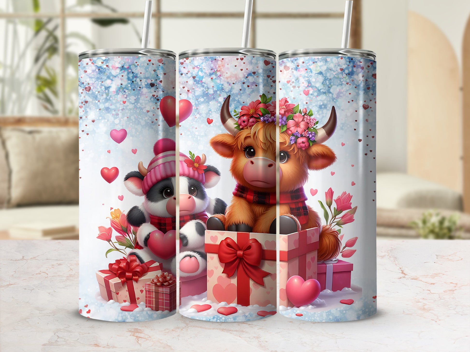 Cute Valentine Cow and Calf with Flowers Tumbler