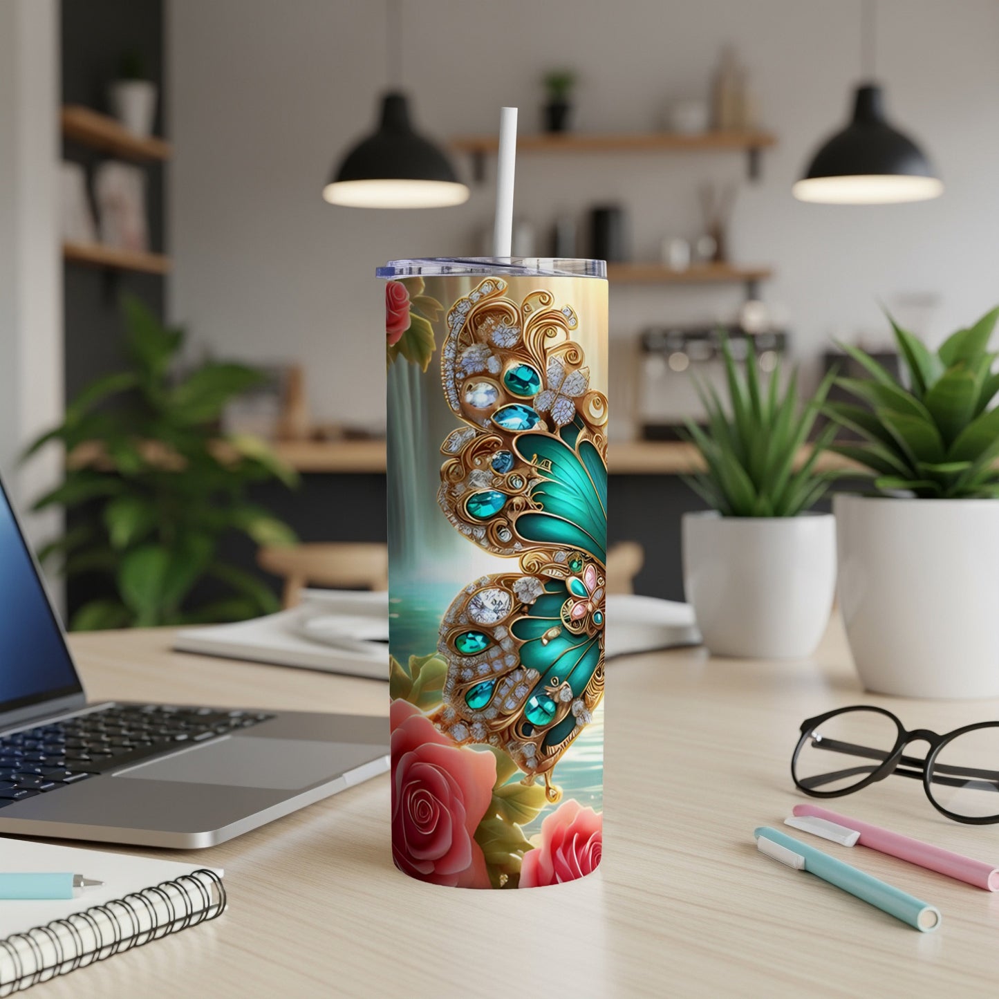 Tall tumbler with butterfly and floral design, white straw.
