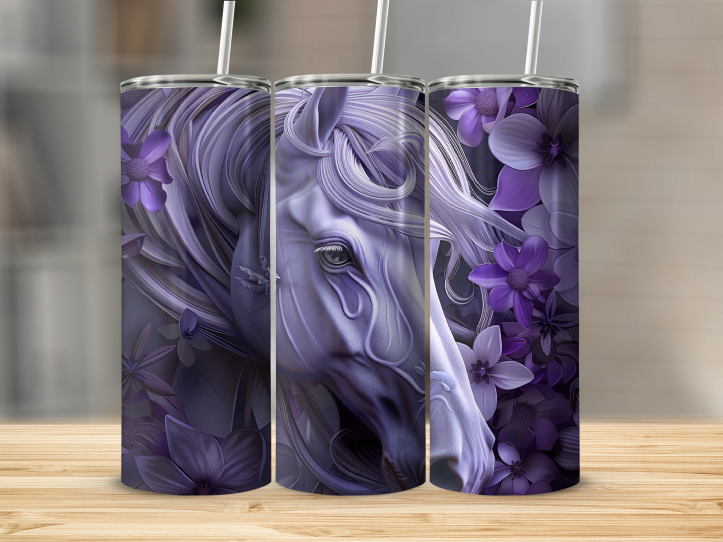 Purple horse with floral accents on three tumblers.