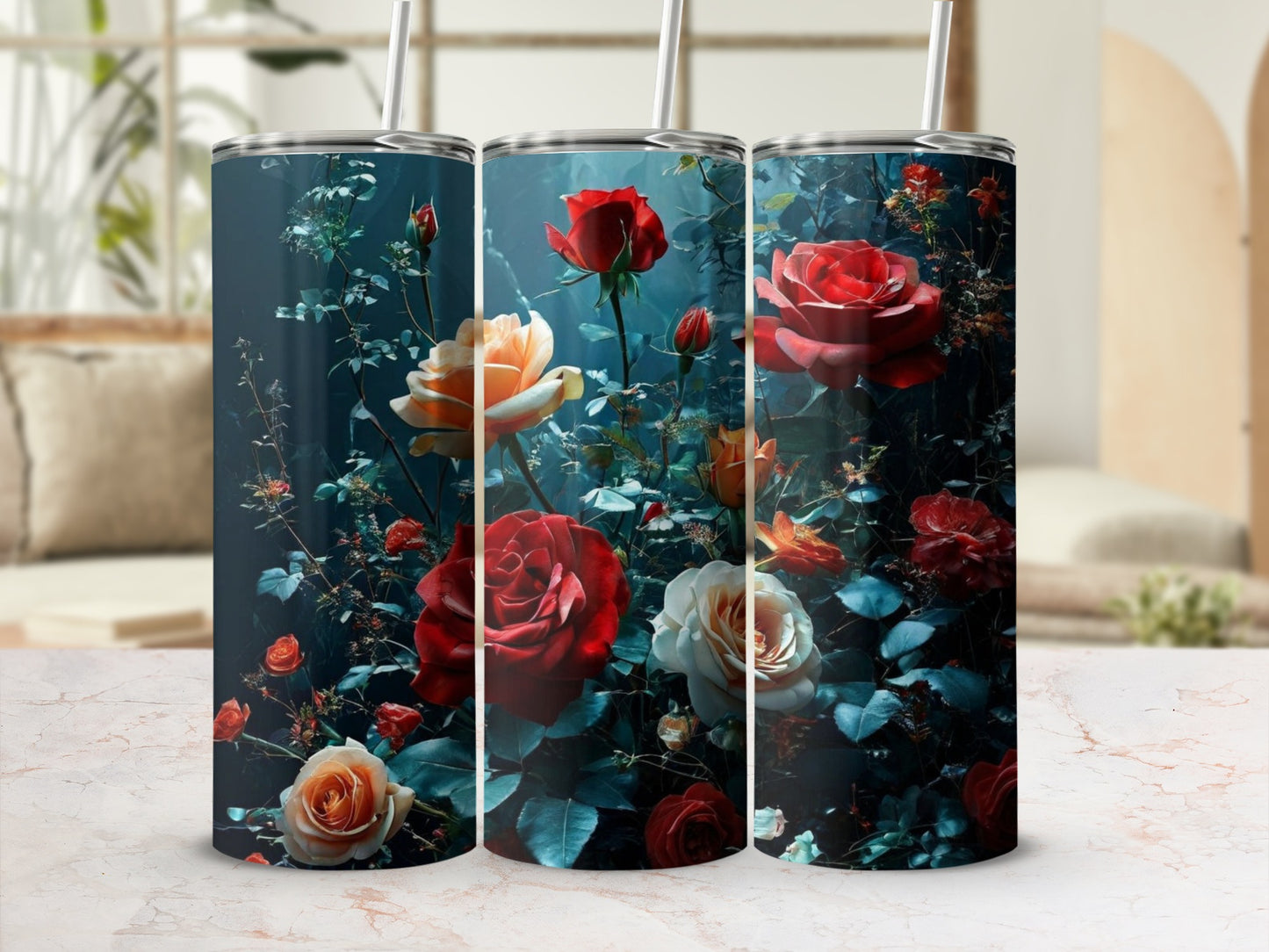 Tumbler with realistic red, orange, and cream roses and dark green leaves.