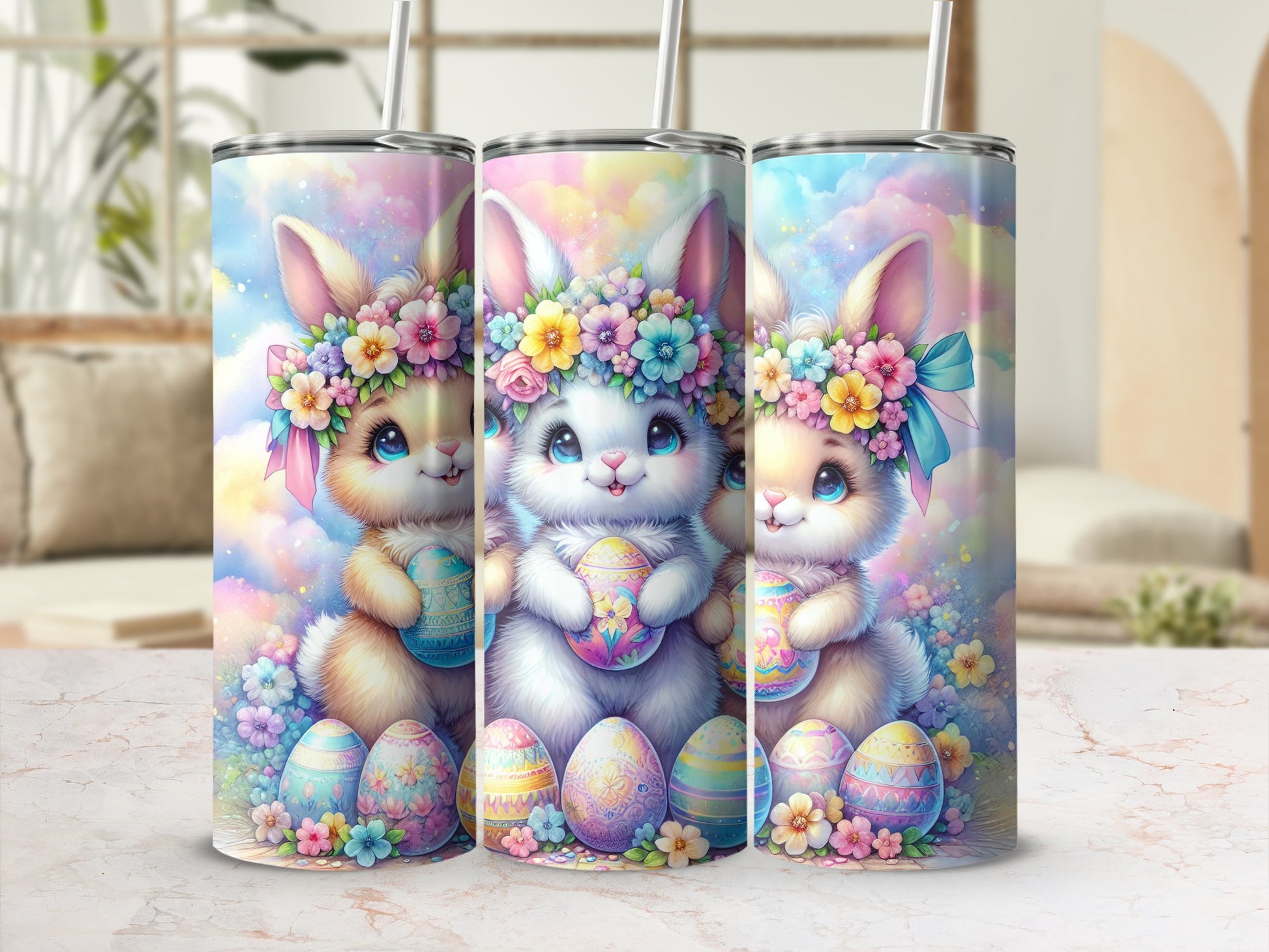 Three cute Easter bunnies holding decorated eggs with floral crowns.