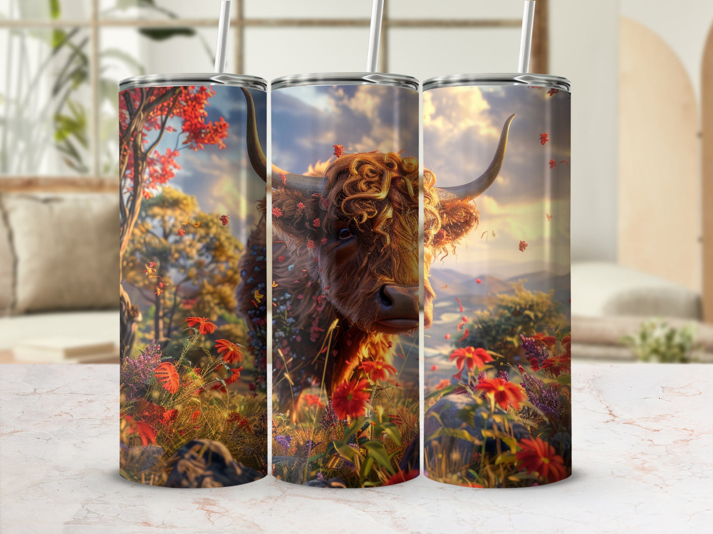 Highland cow with horns in a field of wildflowers and trees.