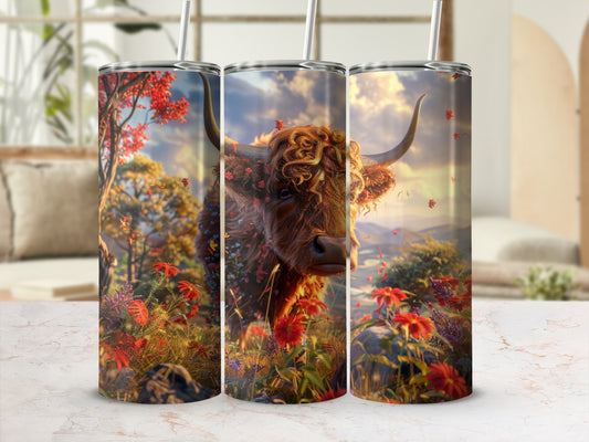 Highland cow with horns in a field of wildflowers and trees.
