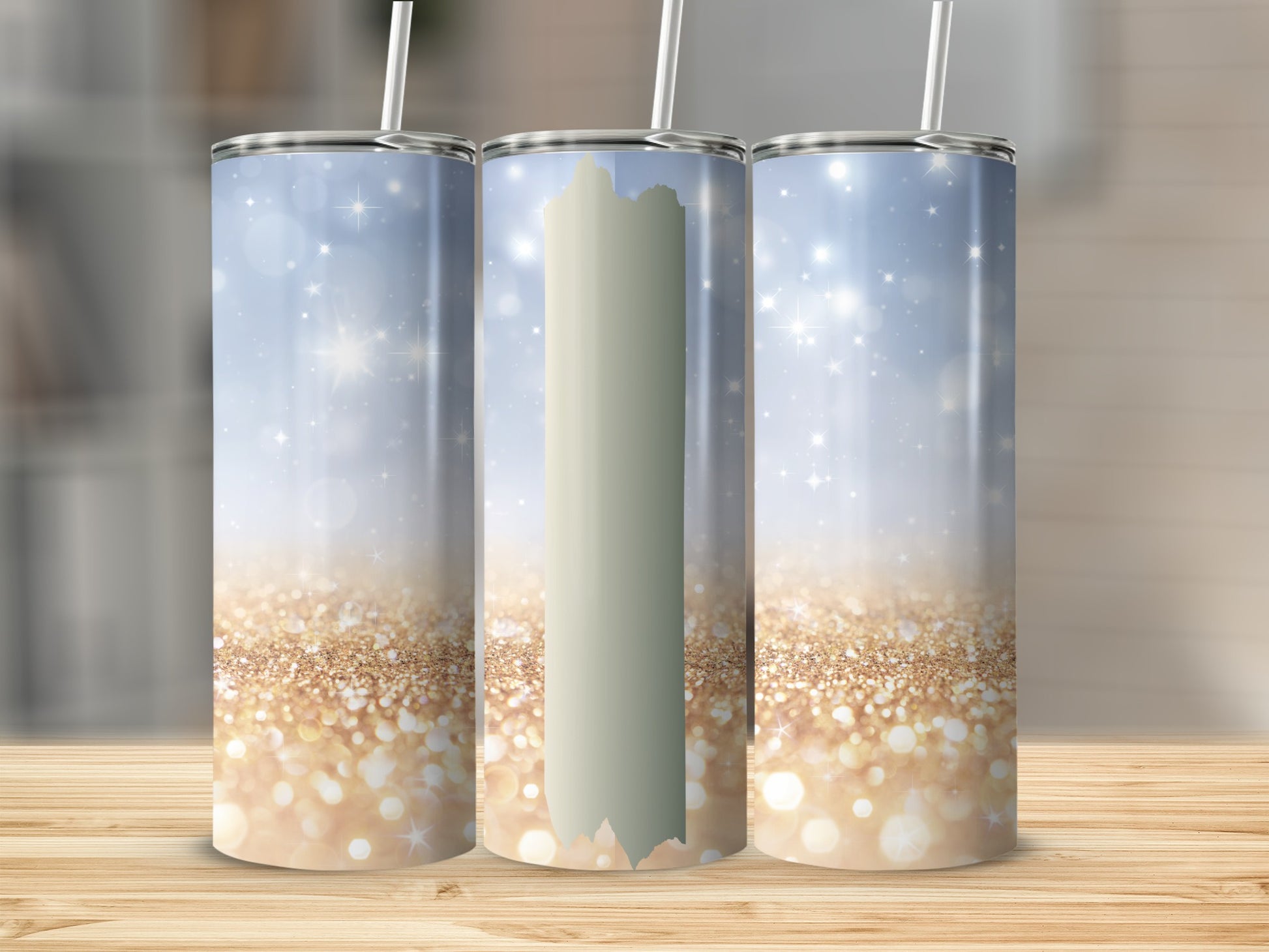 Three glittery tumblers with sparkling bokeh backgrounds.